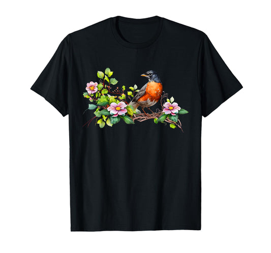 American Robin Backyard Birds Dogwood Flowers For Birders T-Shirt