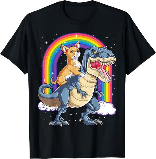 Chihuahua Riding Dinosaur T-rex Gifts Boys Kids Men Rainbow T-Shirt