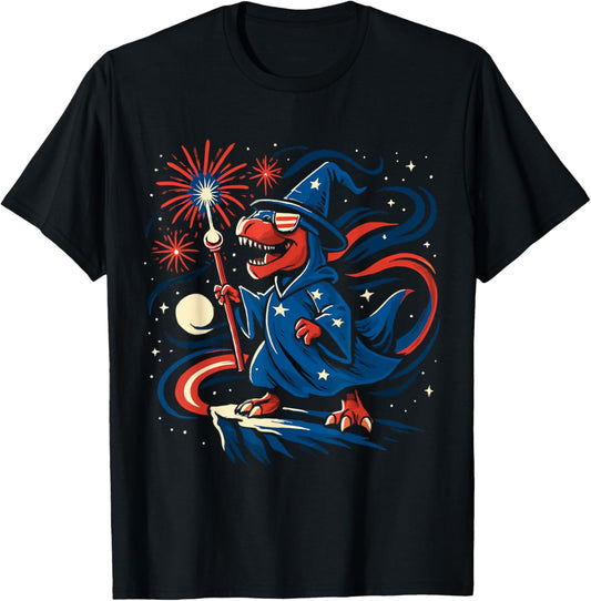 Patriotic T-Rex Wizard Dinosaur Shirt 4th of July USA T-Shirt