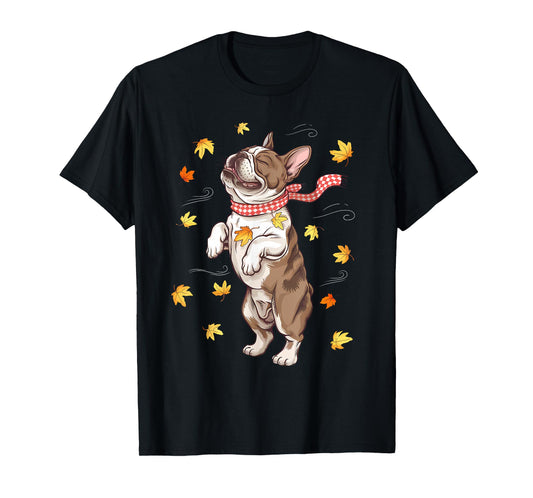 Cute Dog Autumn Fall Breeze Leaves French Bulldog T-Shirt