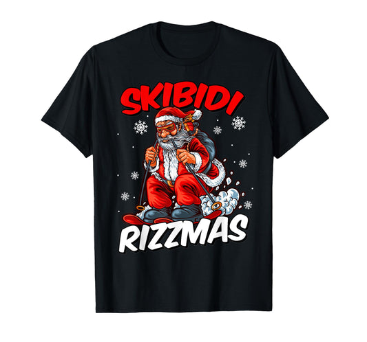 Retro Skibidi Rizzmas Funny Santa Clause Skiing_Xmas T-Shirt
