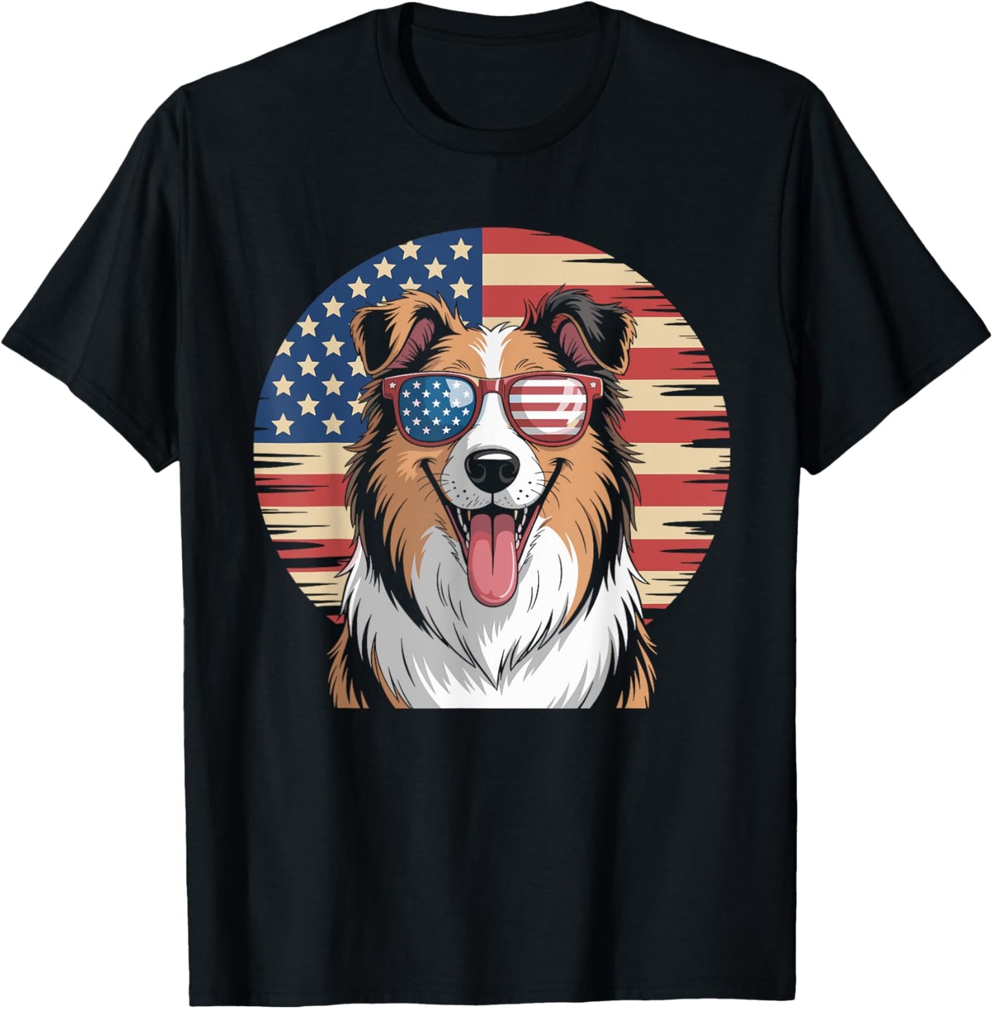 USA America Flag Rough Collie Dog 4th of July Patriotic T-Shirt