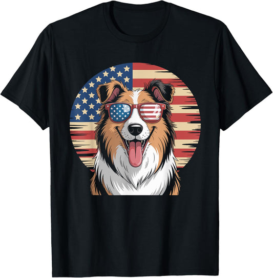 USA America Flag Rough Collie Dog 4th of July Patriotic T-Shirt