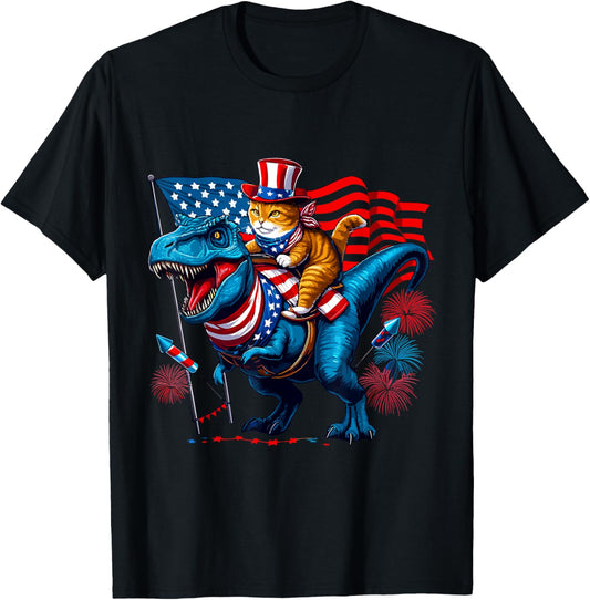 Funny Patriotic american shorthair Cat Riding T-Rex USA Flag T-Shirt