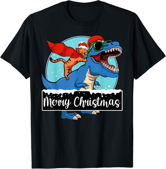 Cat Riding Dinosaur Christmas Pajama Cute T-Rex Santa Hat T-Shirt