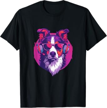 90s Retro Vaporwave Style Cool & Cute Border Collie Dog Art Men Women Kids T-Shirt