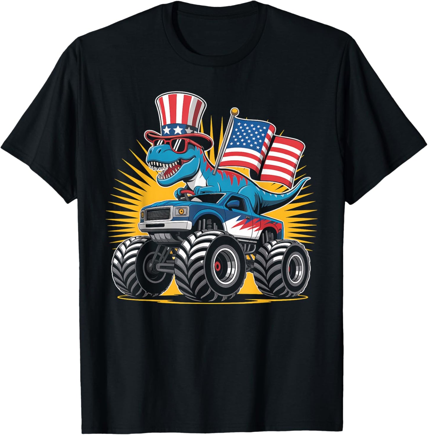 Dinosaur TRex Truck American Flag 4th of July T-Shirt