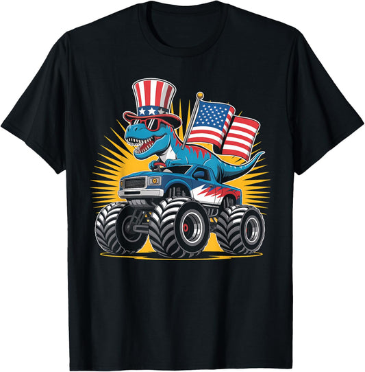 Dinosaur TRex Truck American Flag 4th of July T-Shirt