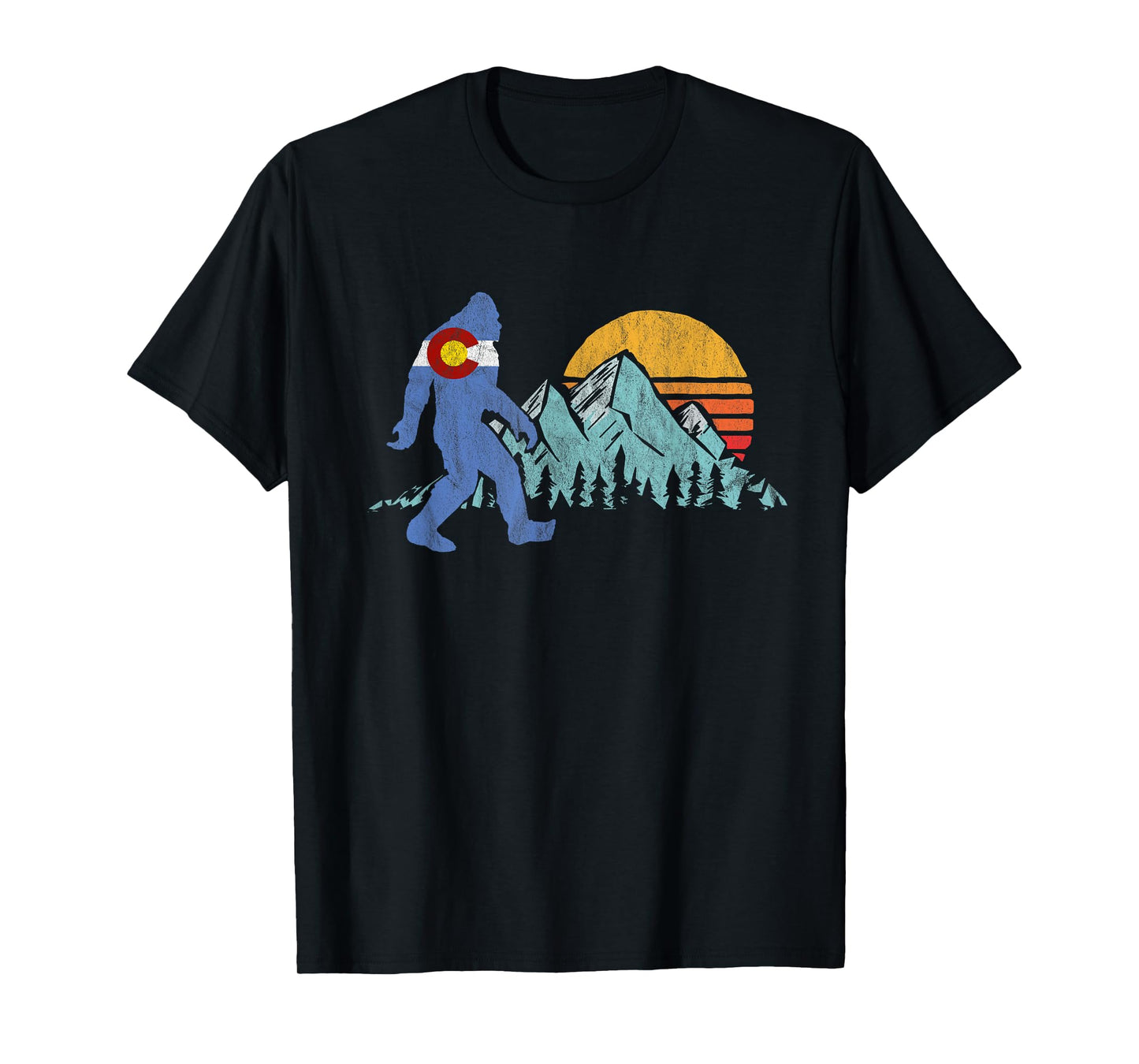 Retro Bigfoot Sun & Mountain State Flag of Colorado Graphic T-Shirt