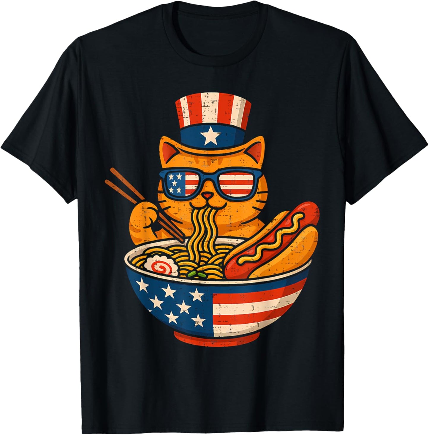 4th Of July Hotdog Cat Ramen Anime American Flag Patriotic T-Shirt
