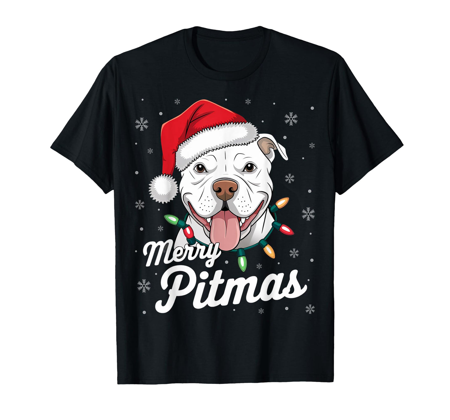 Merry Pitmas Pitbull Dog Xmas Lights Santa Hat Christmas T-Shirt for Men Women