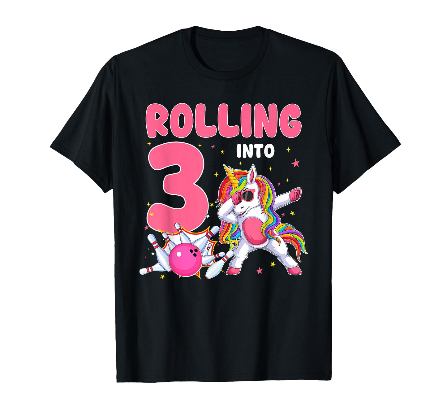Rolling Into 3 3rd Birthday Unicorn Bowling 3 Year Old T-Shirt