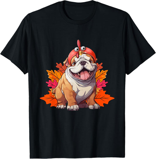 Turkey English Bulldog Fall Autumn Leaf Funny Thanksgiving T-Shirt