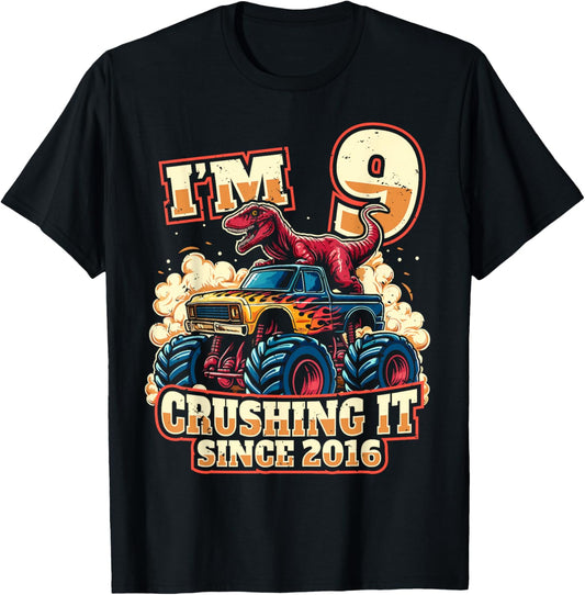9 Year Old Boys 9th Birthday Dinosaur Monster Truck Party T-Shirt