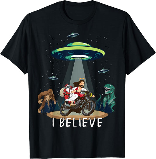 Believe Bigfoot Dinosaur Santa & Jesus Riding Bike Christmas T-Shirt