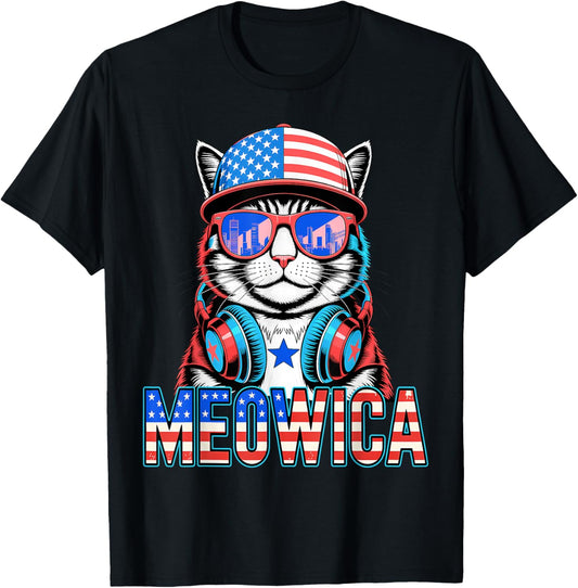 Meowica Cool Patriotic Cat USA Flag Funny Tee Men Women T-Shirt
