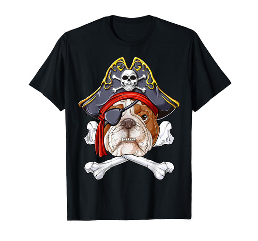 English Bulldog Pirate Jolly Roger Flag Skull Crossbones T-Shirt
