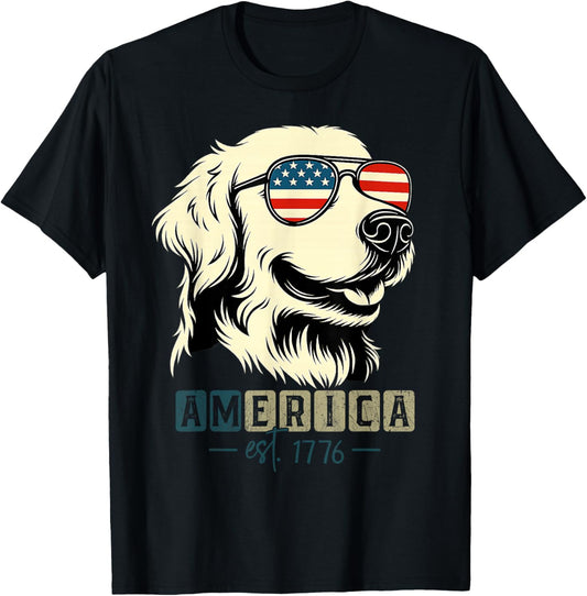 Golden Retriever Amarican Flag Funny Patriotic 4th July Dog T-Shirt