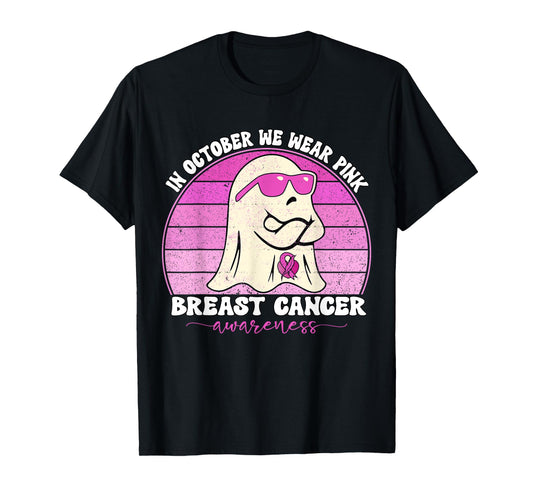 Groovy Breast Cancer Awareness We Wear Pink Ribbon Ghost T-Shirt