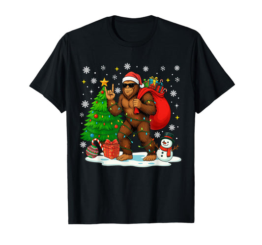 Santa Bigfoot Christmas Tree Lights Boys Men Sasquatch Lover T-Shirt