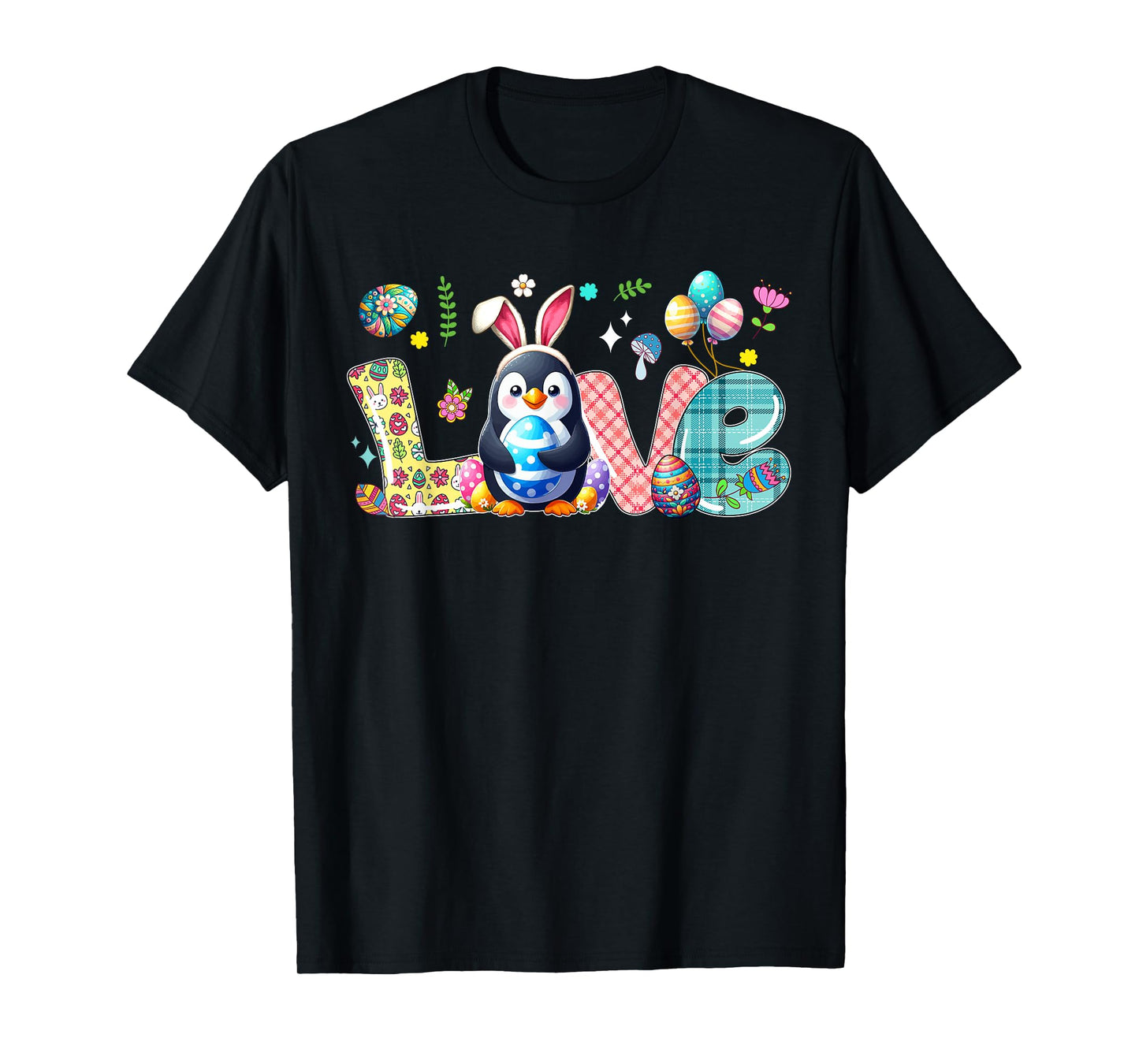 Love Easter Bunny Penguin Hunting Eggs Flowers Colourful T-Shirt