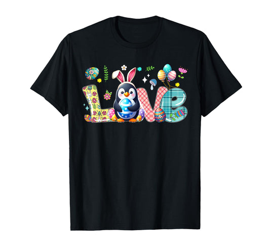 Love Easter Bunny Penguin Hunting Eggs Flowers Colourful T-Shirt
