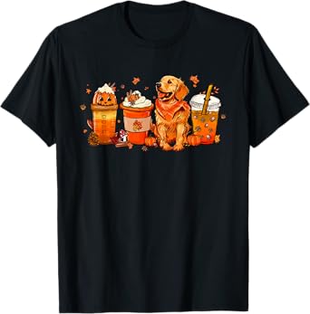 Golden Retriever Pumpkin Coffee Latte Autumn Fall T-Shirt