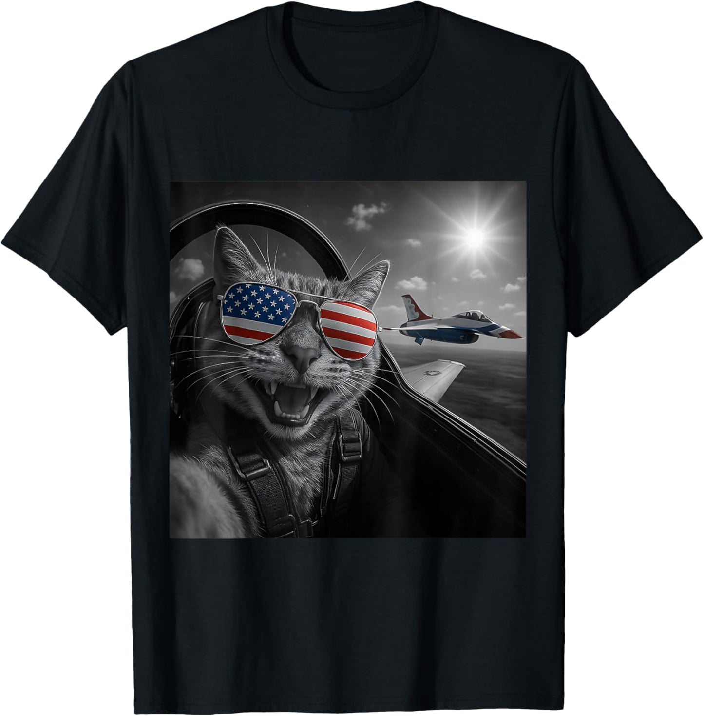 Cat 4th of July Selfie Jet Funny Cat Gifts Men Women Kids T-Shirt