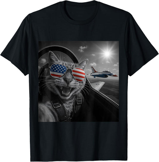 Cat 4th of July Selfie Jet Funny Cat Gifts Men Women Kids T-Shirt
