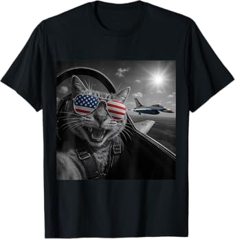 Cat 4th of July Selfie Jet Funny Cat Gifts Men Women Kids T-Shirt