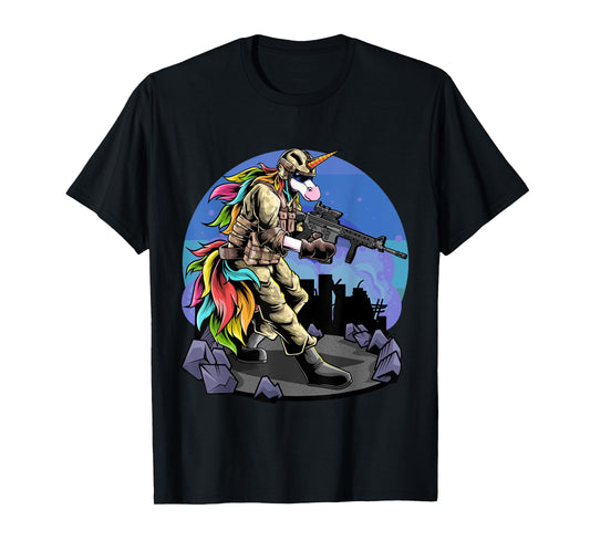 Unicorn Shooting A Gun I Unicorn Warrior I Soldier Unicorn T-Shirt