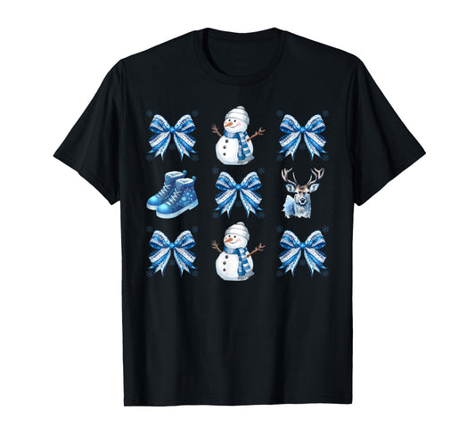 Cute Snowman Coquette Bow Winter Wonderland Icy Blue Xmas T-Shirt
