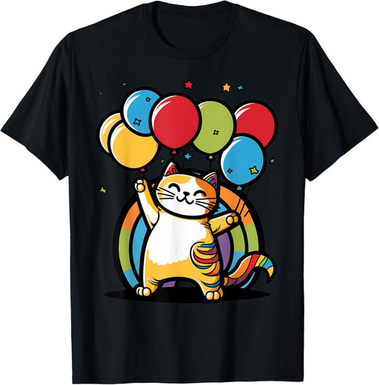 Happy Birthday Cat with Balloons Fun Colorful Cats Lover T-Shirt