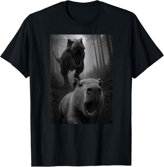 Funny Capybara Animal Lover Dinosaur Selfie Trex Boys Girls T-Shirt