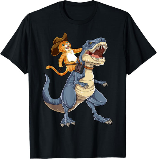 Feline Pawsitive Cat Co Kids Unisex Cat Riding Dinosaur T Rex Funny Purrassic Kitty Kitten Lover T-Shirt