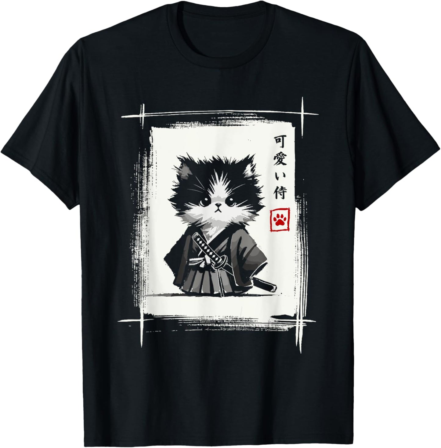 Samurai Cat Japanese Art Sumi-e Novelty Kawaii Funny Cat T-Shirt