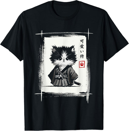 Samurai Cat Japanese Art Sumi-e Novelty Kawaii Funny Cat T-Shirt