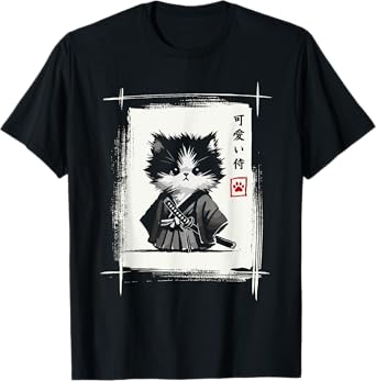 Samurai Cat Japanese Art Sumi-e Novelty Kawaii Funny Cat T-Shirt