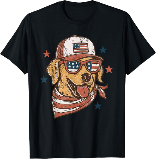 Golden Retriever Dog 4th of July Us Flag Sunglasses T-Shirt