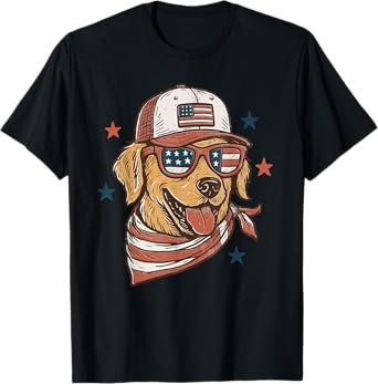 Golden Retriever Dog 4th of July Us Flag Sunglasses T-Shirt for Men Women Kids