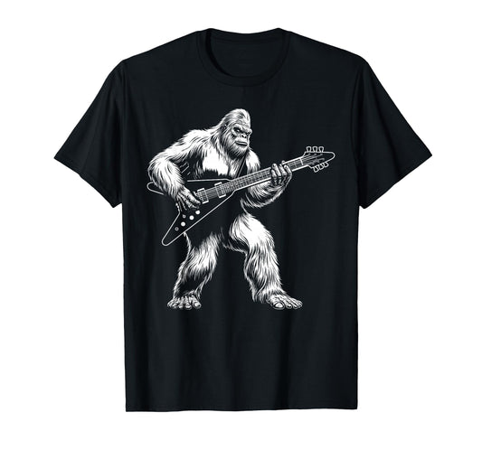 Bigfoot playing V flying guitar funny guitarist men women T-Shirt
