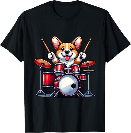 Cute Corgi Dog Playing Drums Drumset Graphic Funny Drummer T-Shirt