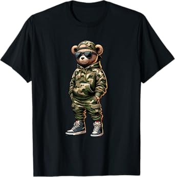 Camo Hip Hop Teddy Bear Cool Rapper Streetwear Graphic T-Shirt