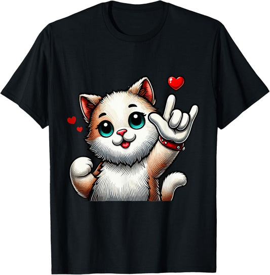 ASL "I Love You" Hand Sign Heart Cat for Valentine's Day. T-Shirt