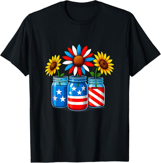 Sunflower Red White Blue Patriotic USA Flag 4th Of July T-Shirt