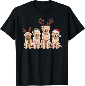 Threadrock Unisex-Adults Golden Retrievers Christmas Lights Reindeer Antlers Holiday T-Shirt - Black, Small, Short Sleeve