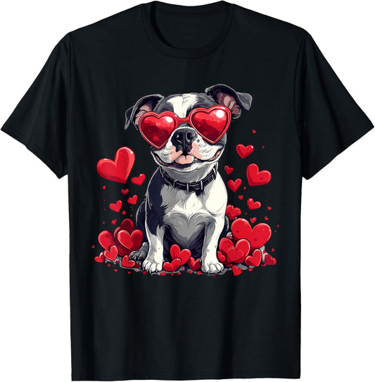 Amstaff Heart Glasses Cute Valentine’s Day Staffy Dog Lover T-Shirt
