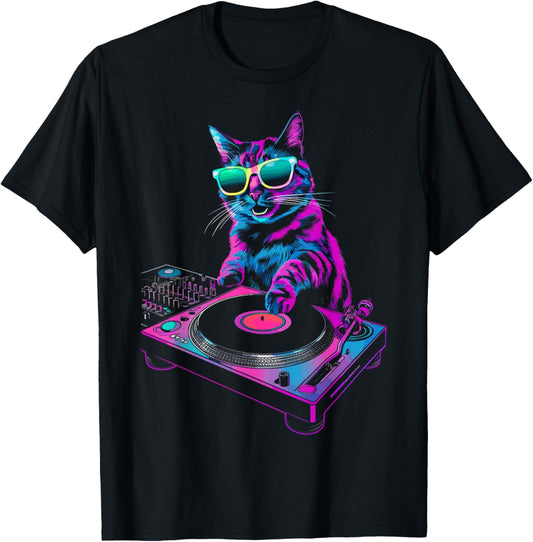 House DJ Cat Rainbow DJ Cat Kitty on Turntable Disco DJ Cat T-Shirt, Small, Black