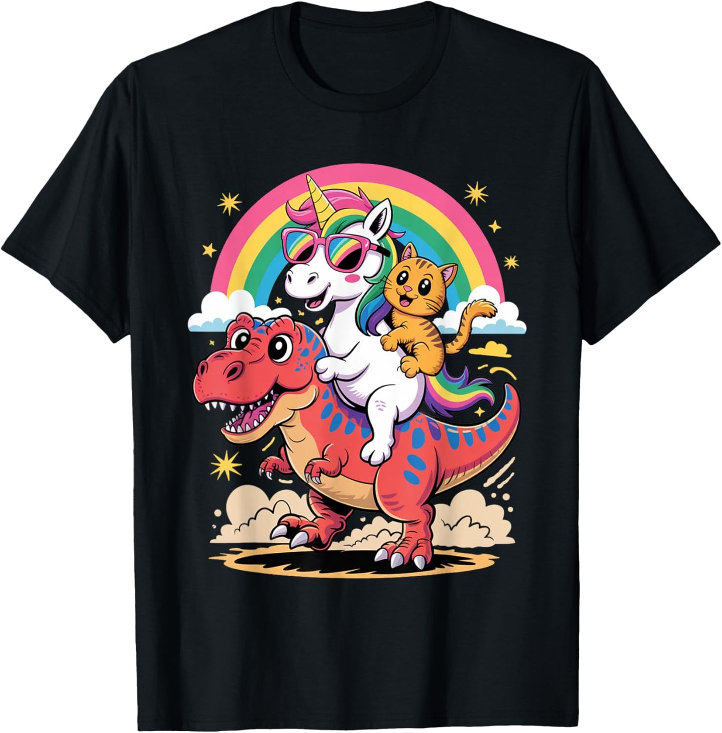 Cat Unicorn Riding Dinosaur T rex Kitten Lover Dinosaur T-Shirt