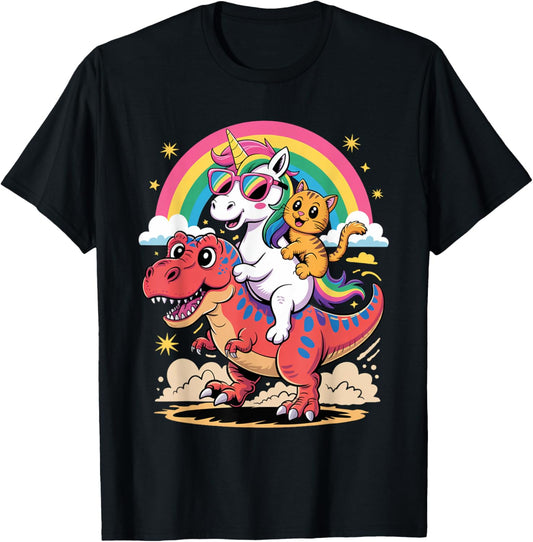 Cat Unicorn Riding Dinosaur T rex Kitten Lover Dinosaur T-Shirt